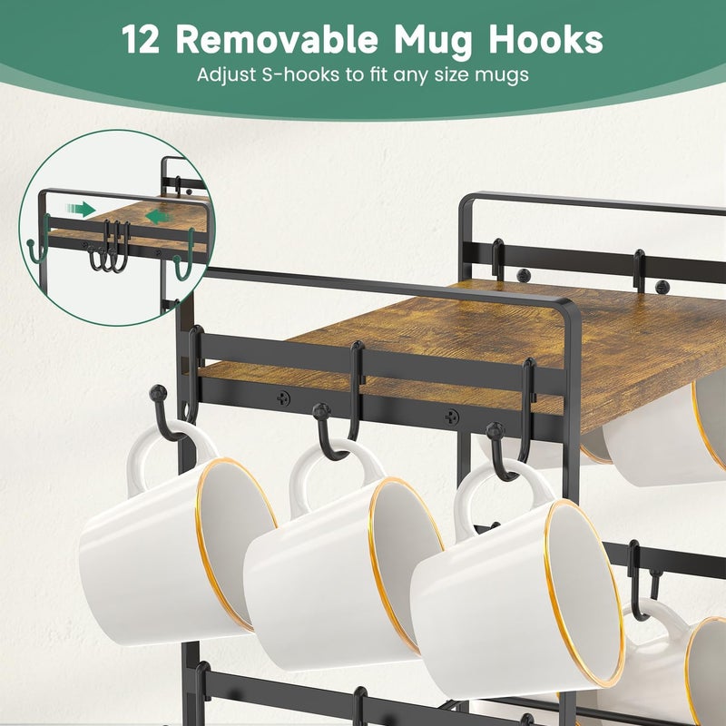 EsLuker.ly Coffee Mug Cup Holder Tree Bar Station Organizer, 2 Tier Mug Stand Rack for Countertop Kitchen, Storage Tower Display Shelf with 12 Hooks, Coffee Nook Enhancer - Image 5